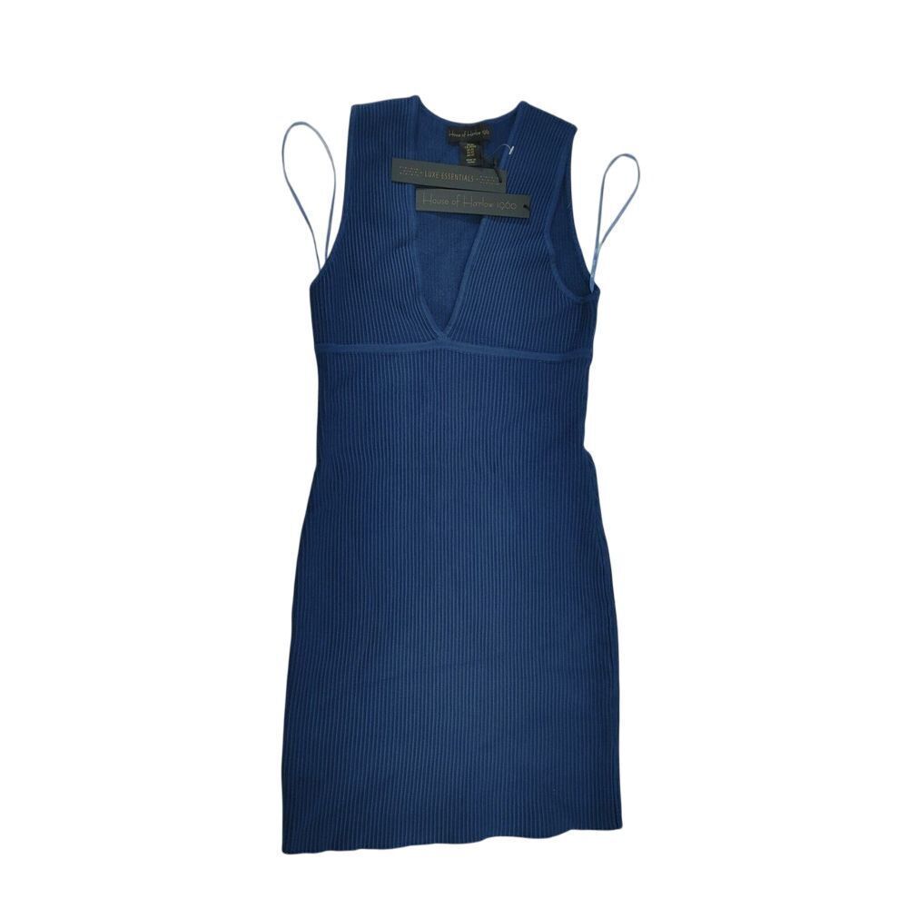 Luxe Essentials Royal Blue Ribbed Bodycon Mini Dress V-Neck Sleeveless  Size XS‎